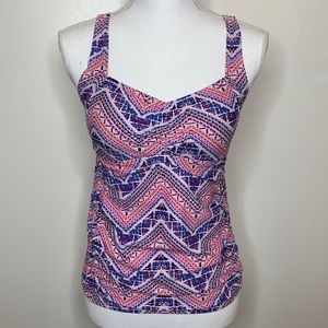 BEACH BUMP Maternity Swimsuit Top Pink Blue Crisscross Back Smocked Sides Small